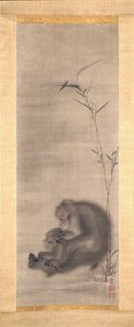 Macaco Grooming Offspring Offspring Near Bamboo (tinta e cor sobre seda) de Sosen Mori