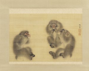 Macacos: Hear No Evil, See No Evil, Speak No Evil, c.1820 (tinta e cor sobre seda) de Sosetsu Mori
