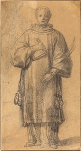 Um santo em pé segurando um livro e uma folha de palmeira de Spanish 17th Century