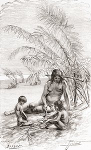 Uma família de nativos Sápara em um banco de areia ao lado do rio Napo, Equador de Spanish School