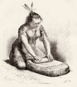 Uma mulher guayana nativa esmagando grãos (gravura) de Spanish School