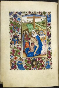 Adicionar MS 50004 f.70v A Virgem Maria segurando o corpo de Cristo, com dois discípulos e mulheres ao lado dela, de um 