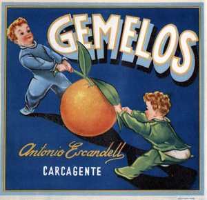 Publicidade para laranjas, imagem de dois bebés gémeos a lutar por uma laranja. Cartaz publicitário, Valência de Spanish School