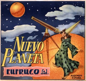 Publicidade com um mágico observando "o novo planeta Orange". Cartaz publicitário, Valência de Spanish School
