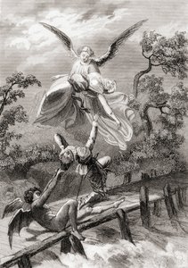 Amina é levada por um anjo enquanto o diabo captura o Sacristão de Albaicin (litho) de Spanish School