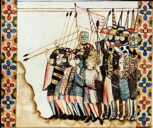 Armee des croises Detalhe de uma página tirada de um manuscrito do Cântico de Santa Maria, decorando miniaturas dedicadas a Santa Maria e aos seus milagres, uma colecção de canções de cor vermelha sob o regimento de Alfonso X o sábio (1221-1284). de Spanish School