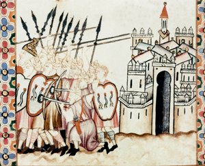 Armee of the Moors defendendo uma cidade Detalhe de uma página tirada de um manuscrito do Cântico de Santa Maria, decora miniaturas dedicadas a Santa Maria e aos seus milagres, uma colecção de canções em vermelho sob o regimento de Alfonso X a w de Spanish School