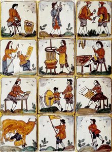 Ofícios artesanais: sapateiro, tanoeiro, fabricante de cestas de vime, vinicultor, leconista, músico, ordenhador de vacas, afiador, agricultor, ebenista. Azulejos de cerâmica catalã (Espanha) de Spanish School
