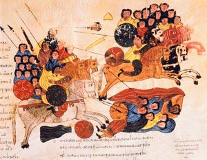 Batalha entre os hebreus e os filisteus, da Bíblia visigodo-moçárabe de Santo Isidor, em seguida, 960 dC (tempera sobre velino) de Spanish School