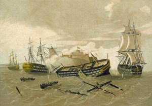 Frota britânica atacando Castillo del Morro, Cuba, em 1761