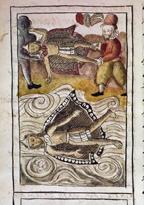 Códice da conquista do México: Os corpos de Itzquauhtzin e Montezuma, ou Moctezuma II imperador asteca (1466-1520), são atirados para fora do palácio pelos espanhóis. de Spanish School
