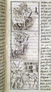 Códice da conquista do México: os espanhóis prontos para atacar a cidade de Tenochtitian. Miniatura do manuscrito florentino "Storia degli Aztechi" (História dos Aztecas) de Bernardino de Sahagun de Spanish School