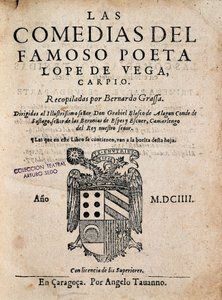 Capa de Las comedias del famoso poeta Lope de Vega, de Felix Lope de Vega Carpio (1562-1635), Edição de 1604 (monografia impressa) de Spanish School