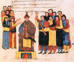 Davi é proclamado rei diante do povo de Juda, da Bíblia visigodo-moçárabe de Santo Isidor, em 1255 dC, 960 dC (tempera sobre velino)