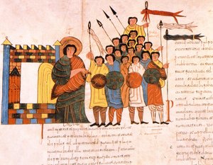 Partida do exército rei Davids para a guerra, da Bíblia visigodo-moçárabe de Santo Isidores, fol.131v., AD 960 (têmpera sobre velino)