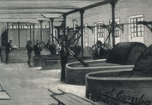 Economia (século XIX). Fábrica de Papel em Espanha "" La Guipuzcoana "". Sala cilíndrica e lavadora da fábrica localizada em Tolosa (Guipuzcoa). gravura de Spanish School