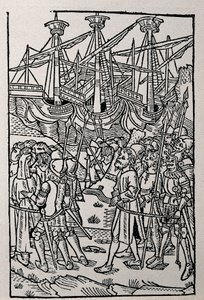Gravura em História da Vespasian, impressa em 1495 em Saragoça (ilustração a p/b) de Spanish School