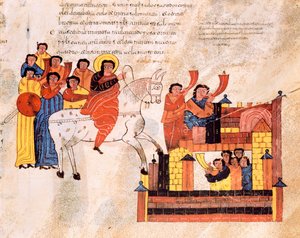 Entrada do rei Davi em Jerusalém ao som de trombetas, da Bíblia visigodo-moçárabe de Santo Isidor, fol.135r., AD 960