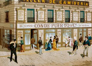 Moda: cartaz publicitário para a loja de tecidos "" Conde Puerto "" boutique Barcelona. Século XIX de Spanish School