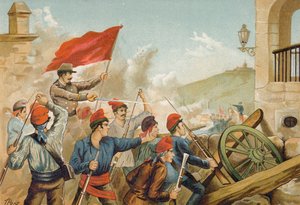 Lutando entre voluntários republicanos e soldados, Sarria, Barcelona, 1874 de Spanish School
