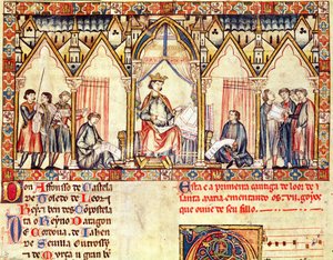Fol.5r A corte de Alfonso X (1221-84), o Sábio, rei de Castela e Leão, em miniatura das Cantigas de Santa Maria de Spanish School