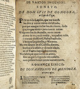 GOGOORA Y ARGOTE, Luis de (1561-1627). Poeta espanhol do Século de Ouro; VEGA CARPIO, Felix Lope de (1562-1635). Soneto a Lope de Vega", poema incluído em "Poesias varias de grandes ingenios espanoles", compilação feita por Ios de Spanish School