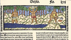 Mineração de ouro: povos indígenas peneiram o rio em busca de ouro. Gravura do livro "Historia general de las Indias, islas y tierra firme del mar oceano" de Gonzalo Fernandez de Oviedo (Gonzalo) ou Fernandez de, ou Hernandez de Oviedo y Valdes (1478- de Spanish School