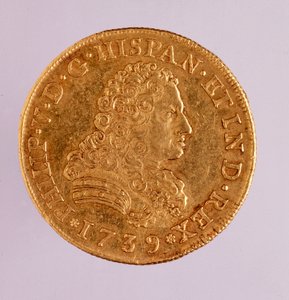 Moeda de ouro (8 ecu) de Espanha: reinado de Filipe (Filippo ou Philippe) V (1700-1746). 1739 Diam. 3,6 cm Nápoles, museo archeologico de Spanish School
