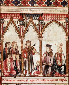 Grupo de Trovadores, ilustração de "Cantigas de Santa Maria", feita sob a direção de Alfonso X ("O Sábio") Rei de Castela e Leão (1221-84) - A Corte do Rei e os Músicos. miniatura de um manuscrito do Cântico de Santa Maria (Cantig de Spanish School