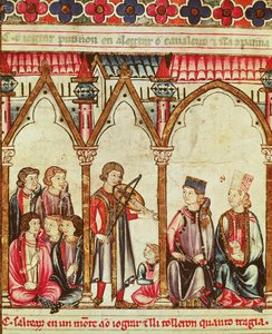 Grupo de Trovadores, ilustração de Cantigas de Santa Maria, feita sob a direção de Alfonso X (O Sábio) Rei de Castela e Leão (1221-84) (ver também 56625) de Spanish School