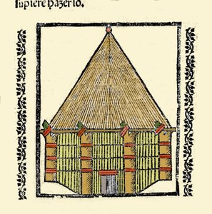 Habitat: descrição do Cabane des Indigenes Caraibes. Gravura do livro "Historia general de las Indias, islas y tierra firme del mar oceano" de Gonzalo Fernandez de Oviedo (Gonzalo) ou Fernandez de, ou Hernandez de Oviedo y Valdes (1478-1557) de Spanish School