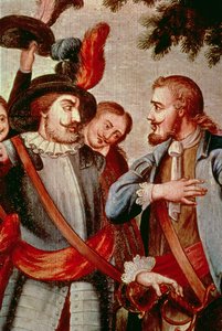 Hernando Cortes (1485-1547) e Diego di Velasquez (1465-1524) (óleo sobre tela) (detalhe) (ver 113574) de Spanish School