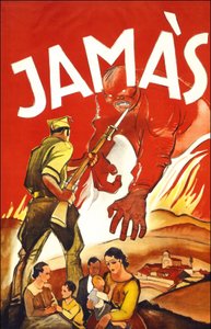 Jamàs ("Nunca"), cartaz publicado durante a Guerra Espanhola mostrando um soldado que protege famílias espanholas. Entre 1936 e 1939. de Spanish School