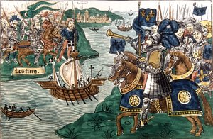 Rei Luís IX (1214-70) e os Cruzados que chegam a Cartago em 1270 (vellum) de Spanish School