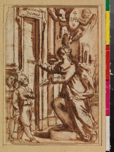 Alfabetização destrancando a porta do aprendizado, anteriormente "Sabedoria abrindo a porta do conhecimento", 1575-1600 de Spanish School