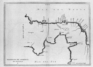 Mapa da América Central (Panamá) a partir de um volume espanhol de viagens do início do século XVII. O mapa é orientado na modalidade antiga (nordeste a leste) e o Oceano Atlântico é chamado de Mar do Norte e Mar do Pacífico Sul. de Spanish School