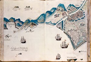 Mapa de parte da Nova Espanha, da costa do Peru e da cidade de Lima, de "Mapas das costas da América no Mar do Sul, da última população de espanhóis nelas, que é a cidade de Compostela, a partir de agora" de Spanish School