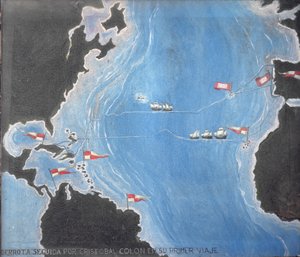 Mapa mostrando a rota de Cristóvão Colombo em sua primeira viagem ao Novo Mundo