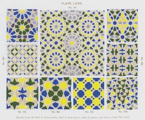 Mosaicos do Salão dos Embaixadores, Salão das Duas Irmãs, Salão da Justiça e Tribunal do Lago do Peixe (cor litho) de Spanish School