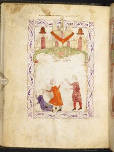 Moisés repreendendo dois israelitas queixosos, Moisés no Egipto, da Haggadah hispano-mourisca, MS Or 2737, f.66r, f.1275-1324 (velino) de Spanish School