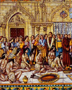 Os nativos americanos trouxeram a comitiva de Colombo para a Espanha em 1492 (cerâmica) de Spanish School