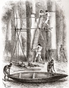 Índios nativos construindo uma canoa nas margens do rio Oyapock ou Oiapoque, América do Sul (gravura) de Spanish School