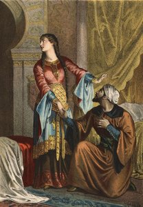 Omar, príncipe muçulmano, fazendo uma declaração de amor a Sancha Ona, Condessa de Castela. em "El Culto de la Hermosura" de Juan Justo Huguet, Molinas Hermanos editores de Spanish School