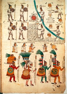 Página do Codex Mendoza mostrando os guerreiros astecas armados com lanças e escudos, c.1541-42 (caneta e tinta sobre papel) de Spanish School