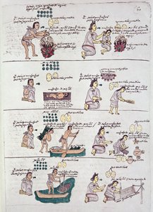 Página do Codex Mendoza, mostrando disciplina e tarefas atribuídas a crianças, México, c.1541-42 de Spanish School