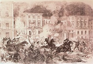 Revoltas populistas em Madri, os desordeiros tentam incendiar o palácio da rainha Maria Cristina em 1854 (lito) de Spanish School