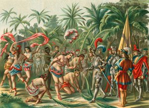 Recepção de Anacaona, chamada Flor de Ouro, em Hispaniola para Bartolomeu Colombo e Hermano del Almirante de Spanish School