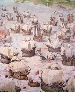 Regata de galeões espanhóis durante uma expedição aos Açores em 1582, sob o comando de Filipe II (1527-1598), Rei de Espanha. Afresco do século XVI. Salão de Batalhas, Palácio do Escorial, Madrid. de Spanish School