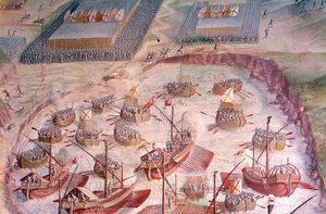 Regata de galeões espanhóis durante uma expedição aos Açores em 1582, sob o comando de Filipe II (1527-1598), Rei de Espanha. Afresco do século XVI. Salão de Batalhas, Palácio do Escorial, Madrid. de Spanish School