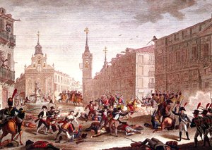 Motins contra as tropas napoleónicas, Madrid, maio de 1808 (gravura a cores) de Spanish School